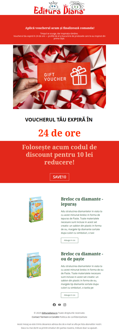 Timpul se scurge, bucură-te de produsele care te-au inspirat din prima clipă. Voucherul tău expiră în 24 de ore!