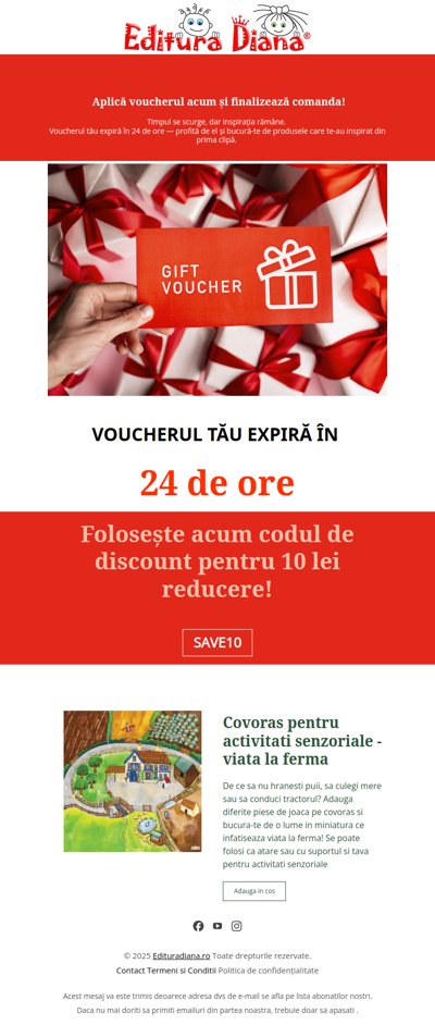 Timpul se scurge, bucură-te de produsele care te-au inspirat din prima clipă. Voucherul tău expiră în 24 de ore!