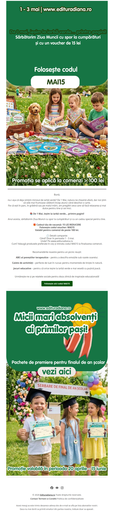 De 1 mai ieșim la iarbă verde... printre pagini! Ai un voucher CADOU pentru spor la cumpărături
