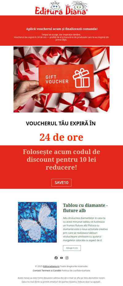 Timpul se scurge, bucură-te de produsele care te-au inspirat din prima clipă. Voucherul tău expiră în 24 de ore!