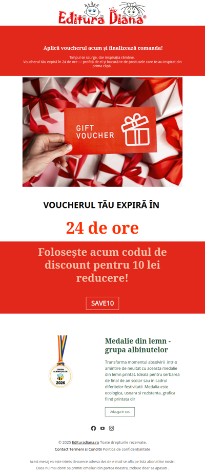 Timpul se scurge, bucură-te de produsele care te-au inspirat din prima clipă. Voucherul tău expiră în 24 de ore!