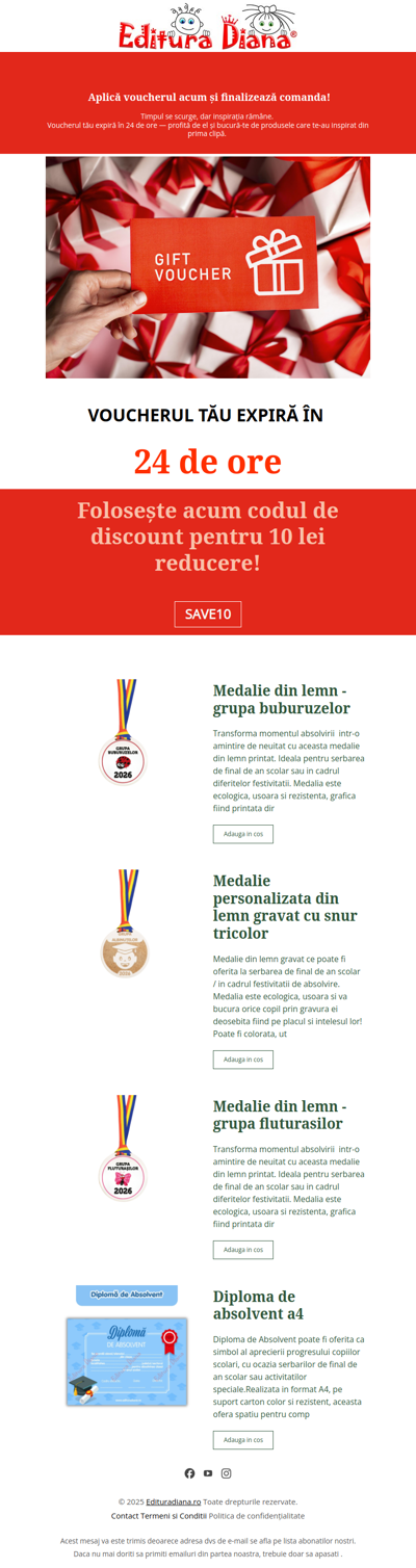 Timpul se scurge, bucură-te de produsele care te-au inspirat din prima clipă. Voucherul tău expiră în 24 de ore!