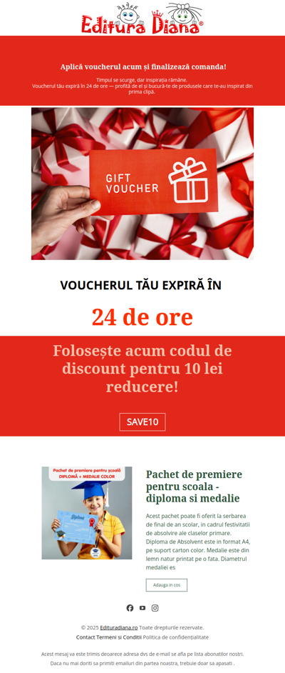 Timpul se scurge, bucură-te de produsele care te-au inspirat din prima clipă. Voucherul tău expiră în 24 de ore!
