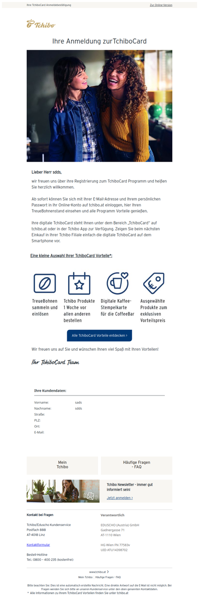 Vielen Dank für Ihre Anmeldung zum TchiboCard Programm