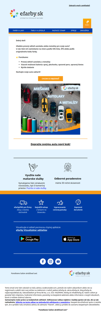 Namiešame Vám autolak aj metalízu presne podľa odtieňa Vášho auta