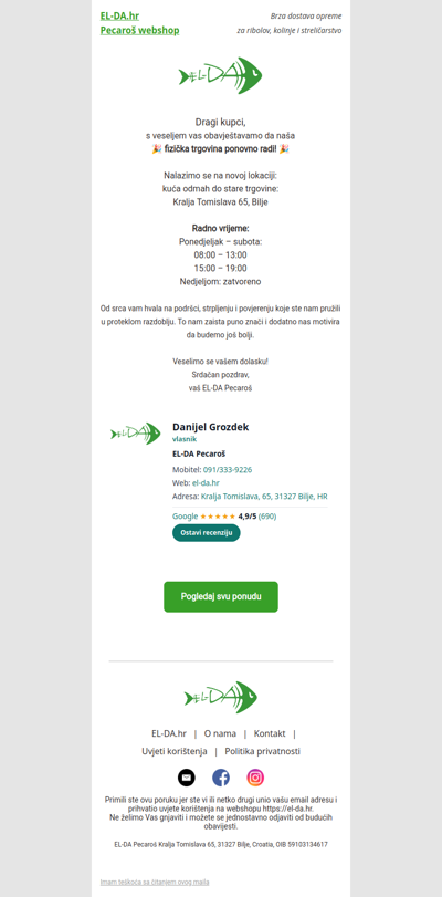 Ponovno otvorenje fizičke trgovine Bilje🎣