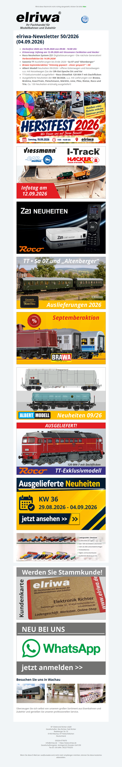 50/2026 - Herbstfest 2026, Neuheiten von Roco und Albert, Aktionen von Brawa, TT-Auslieferungen von Saxonia und Roco