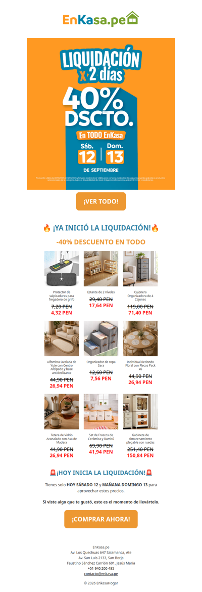 🔥 ¡YA INICIÓ LA LIQUIDACIÓN! Todo EnKasa al -40% DSCTO.
