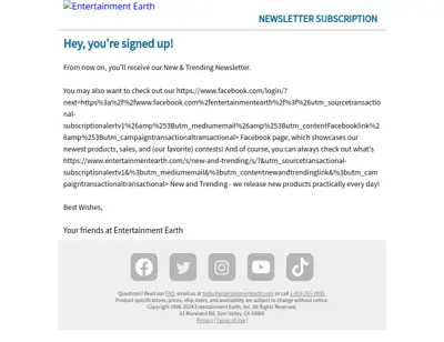 Newsletter Subscription Confirmation from Entertainment Earth