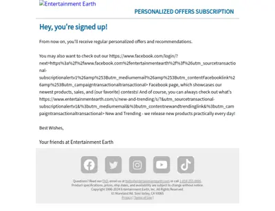 Personalized Offers Subscription Confirmation from Entertainment Earth