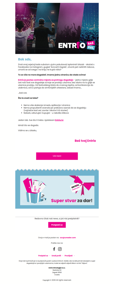 Život je kratak da lutaš internetom, BAŠ SVE događaje stavili smo na Entrio 🎉
