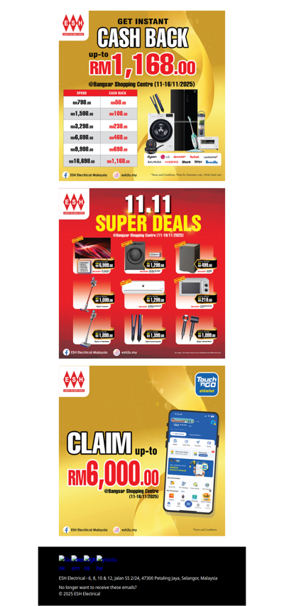 💥 𝟏𝟏.𝟏𝟏 𝐒𝐮𝐩𝐞𝐫 𝐃𝐞𝐚𝐥𝐬 𝐀𝐫𝐞 𝐇𝐞𝐫𝐞 — 𝐔𝐩 𝐭𝐨 𝐑𝐌𝟏,𝟏𝟔𝟖 𝐂𝐚𝐬𝐡𝐛𝐚𝐜𝐤 + 𝐑𝐌𝟔,𝟎𝟎𝟎 𝐞𝐖𝐚𝐥𝐥𝐞𝐭 𝐂𝐥𝐚𝐢𝐦! @ Bangsar Shopping Centre, Concourse Area (11–16 Nov 2025)!