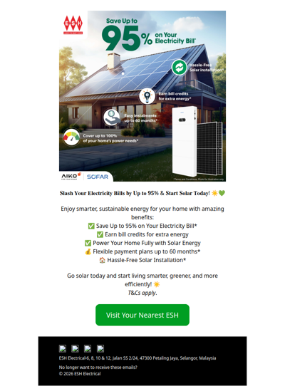 Solar Solutions Now Available at ESH! With Solar Power, you can save up to 95% on your electricity bills.