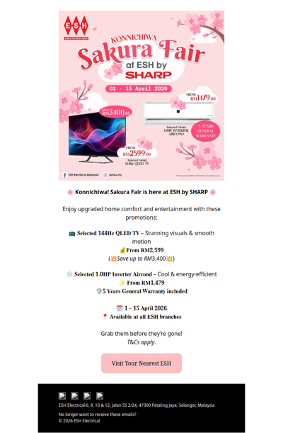 Save Big on QLED TVs & Inverter Airconds*‼️🌸 @ Sakura Fair at ESH by SHARP!💥