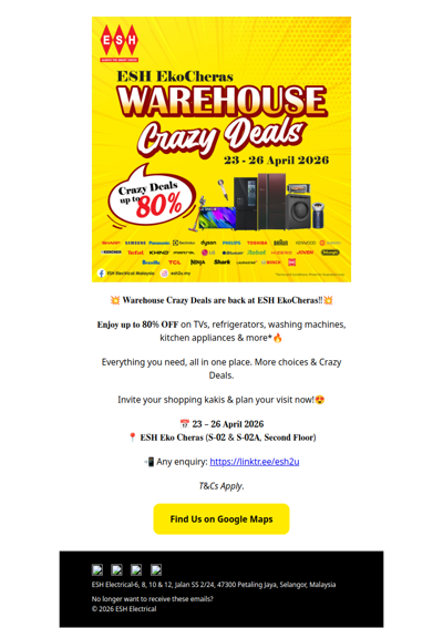 💥 Warehouse Crazy Deals Are Back‼️Up to 80% OFF at ESH EkoCheras! *🔥