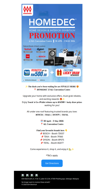 Join Us at HOMEDEC @ KLCC🤩 Get Up to RM5️⃣0️⃣0️⃣ TNG Rebates + Lucky Draw Prizes*‼️