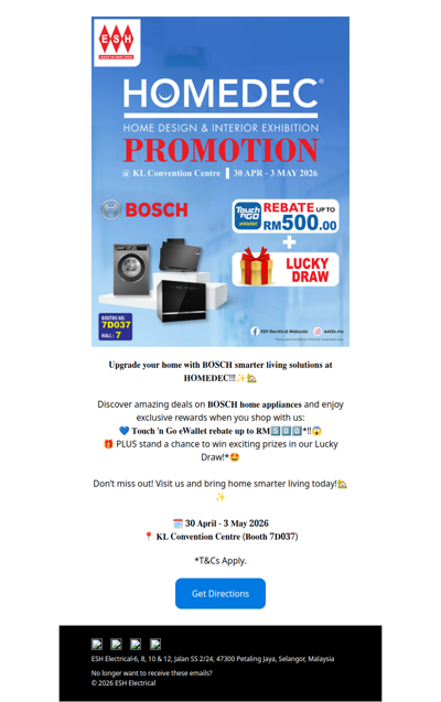 Shop BOSCH at HOMEDEC @ KLCC & Get Up to RM500 TNG Rebate + Lucky Draw Prizes*‼️🎉