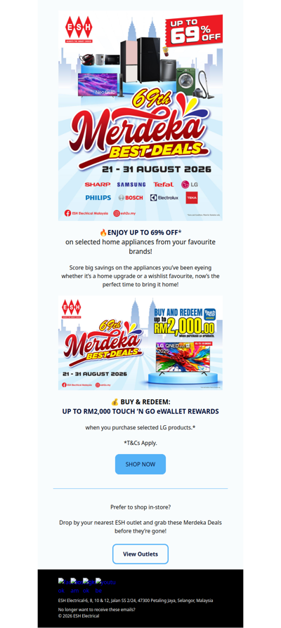 🚨ESH Merdeka Best Deals Are Calling — UP TO 69% OFF + TNG Rewards UP TO RM2,000*‼️ 🇲🇾