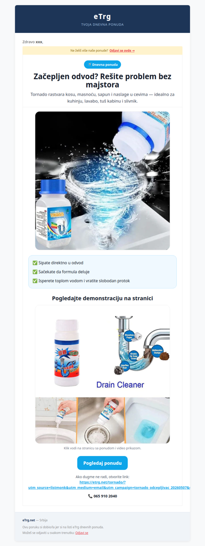 🚿 Tornado odčepljivač — rešite začepljen odvod bez majstora