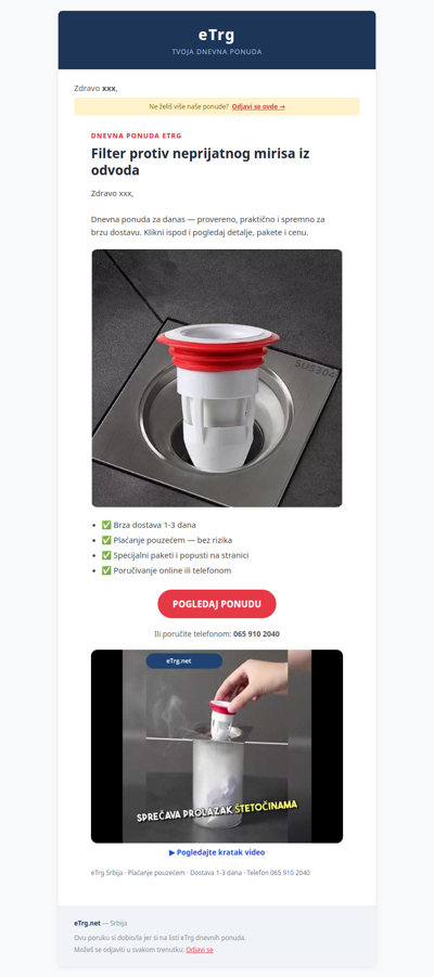 🔥 Filter protiv neprijatnog mirisa iz odvoda — dnevna ponuda eTrg