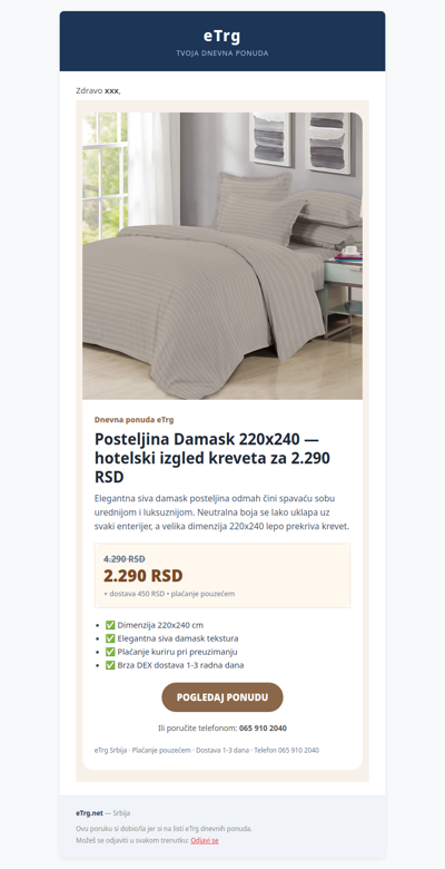 🛏️ Posteljina Damask 220x240 — elegantna siva posteljina za 2.290 RSD