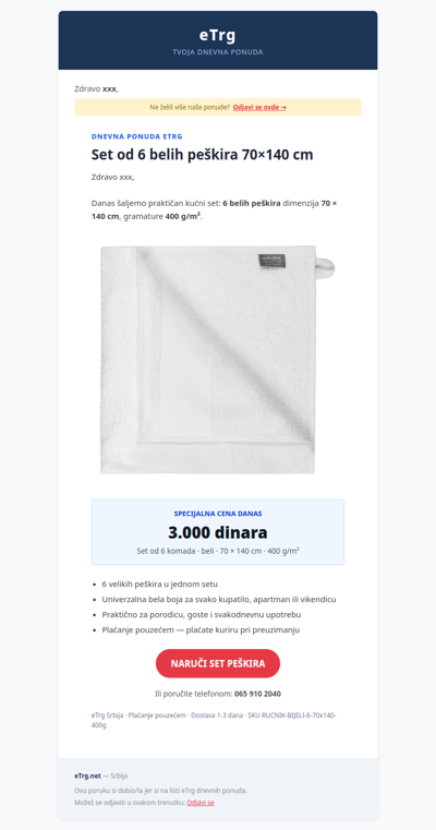🛁 Set 6 belih peškira 70×140 cm — danas 3.000 din