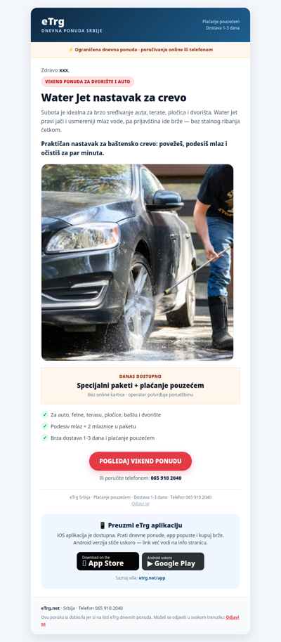 💦 Water Jet nastavak za crevo — očistite auto, terasu i dvorište za vikend