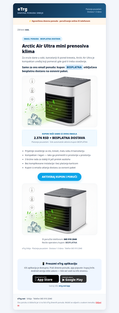🌬️ Arctic Air Ultra — danas besplatna dostava uz email kupon