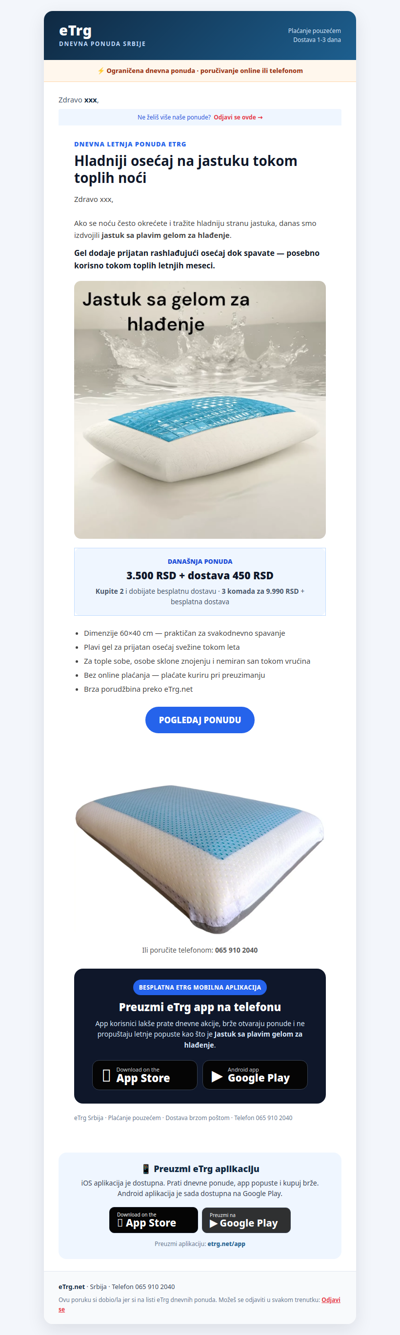 🛌 Hladniji jastuk za tople noći — danas 3.500 RSD