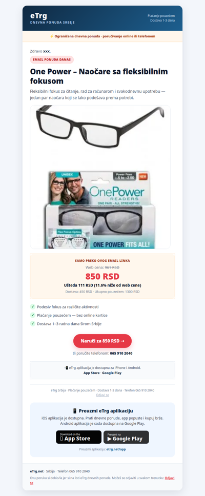 👓 One Power naočare — danas 850 RSD samo za email kupce