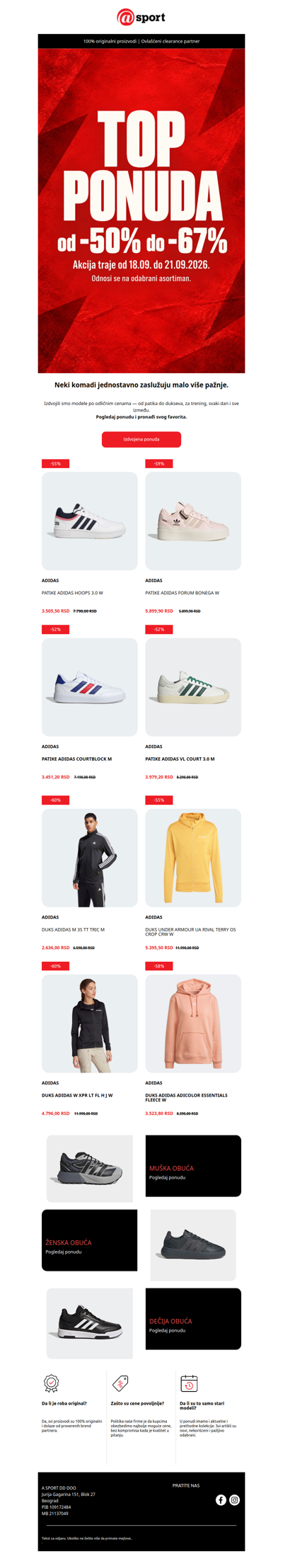 🔥🔥 50%-70%🔥🔥 popusta na izdvojenu Adidas ponudu