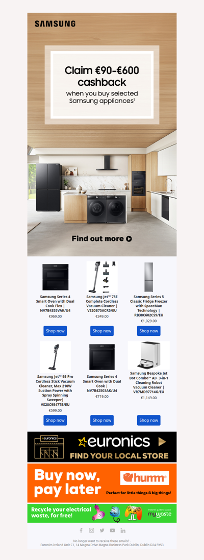 Up to €600 cashback on selected Samsung appliances