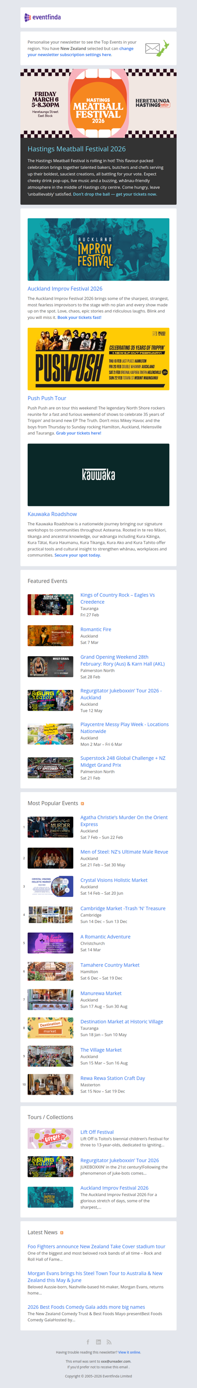 The Hastings Meatball Festival, Auckland Improv Festival, Push Push Tour & more!