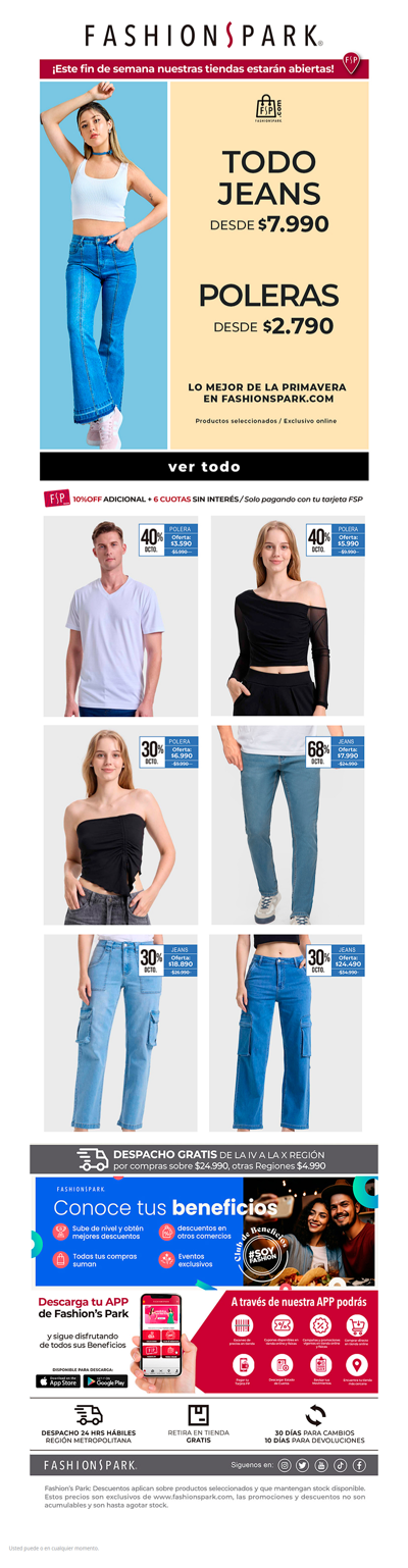 , Todo Jeans desde $7.990 y Poleras desde $2.790. Tu outfit favorito. En fashionsPark.com