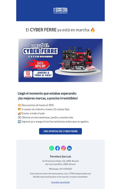🔥 ¡Arrancó el CYBER FERRE! Hasta 30% OFF en herramientas 🔧