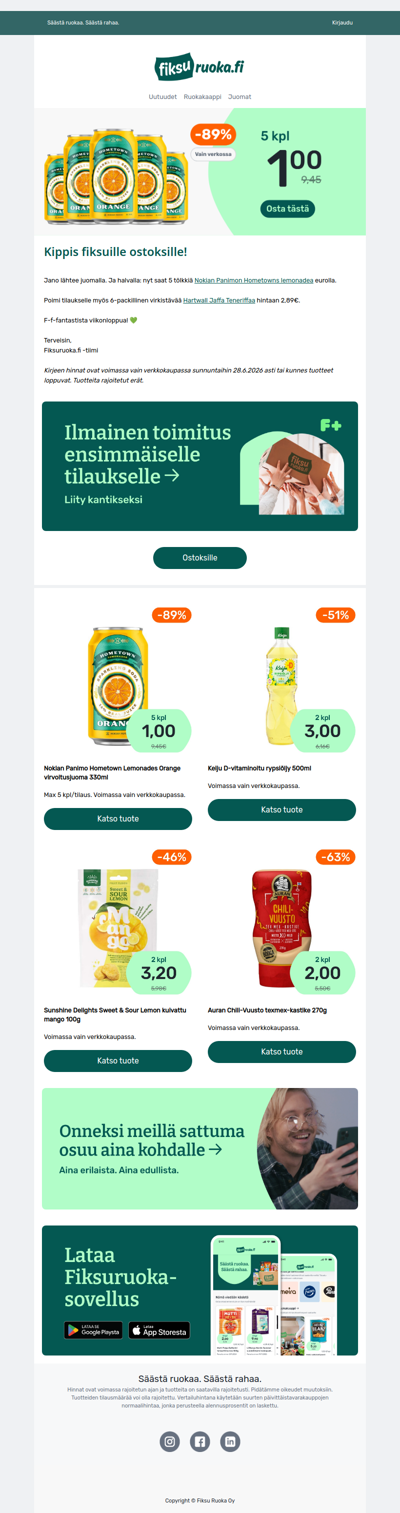 Nokian Panimon lemonade 5 tölkkiä 1 € 🍊