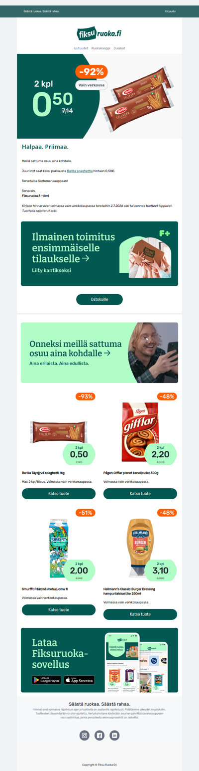 Barilla spagetti nyt -92% 🍝 2kpl 0,50€