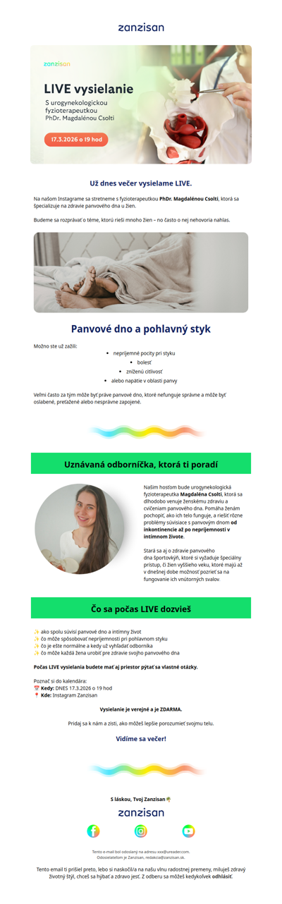 🔴Už dnes o 19 hod bude LIVE na Instagrame s urogynekologickou fyzioterapeutkou PhDr. Magdalénou Csolti - je to ZDARMA