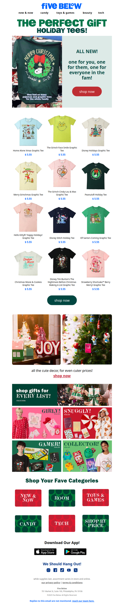 tons of new tees! 🎄 for them, for you, only $5.55.