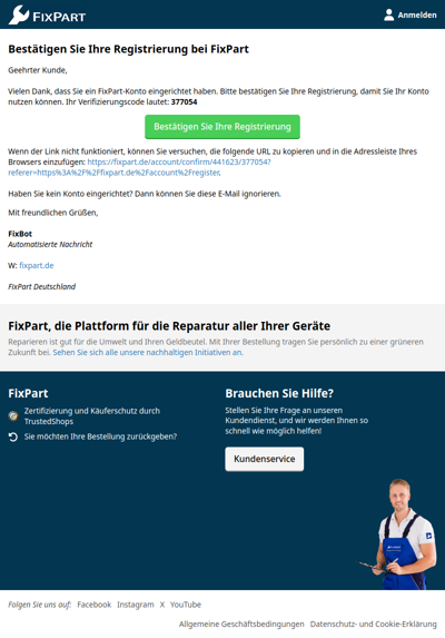 Bestätigen Sie Ihre Registrierung bei FixPart