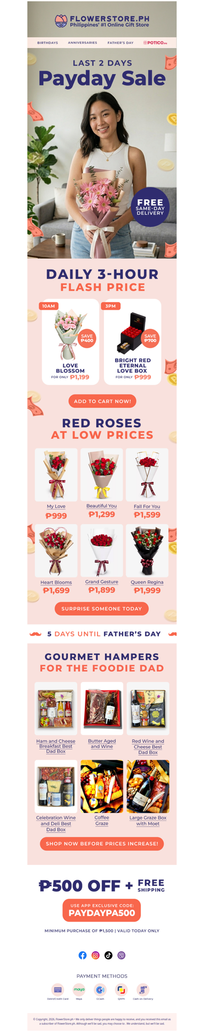 Payday Sale — red roses from ₱999 + gourmet gifts for dad 🍷