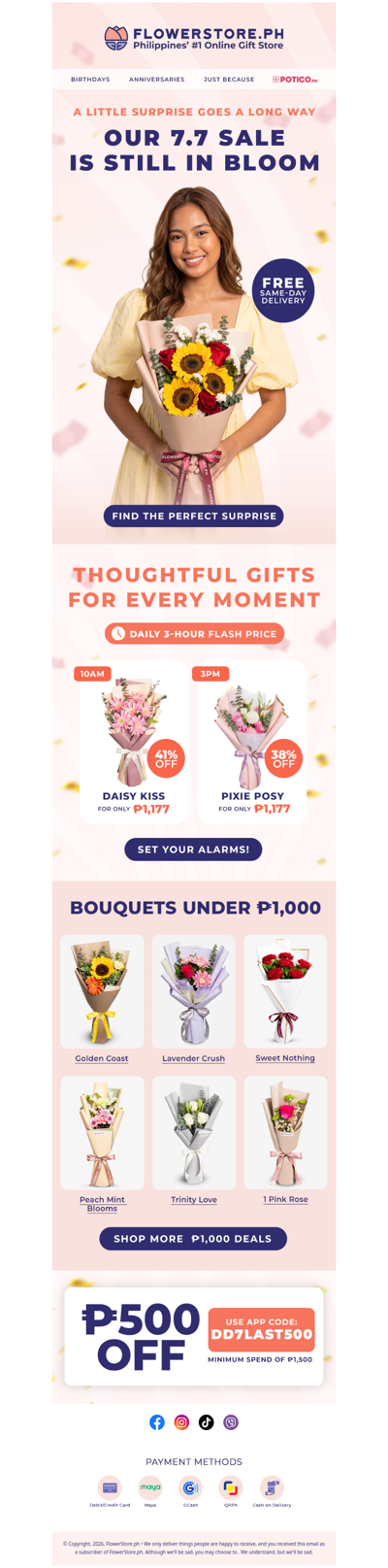 7.7 deals are still live — bouquets under ₱1,000 won't last 🌺