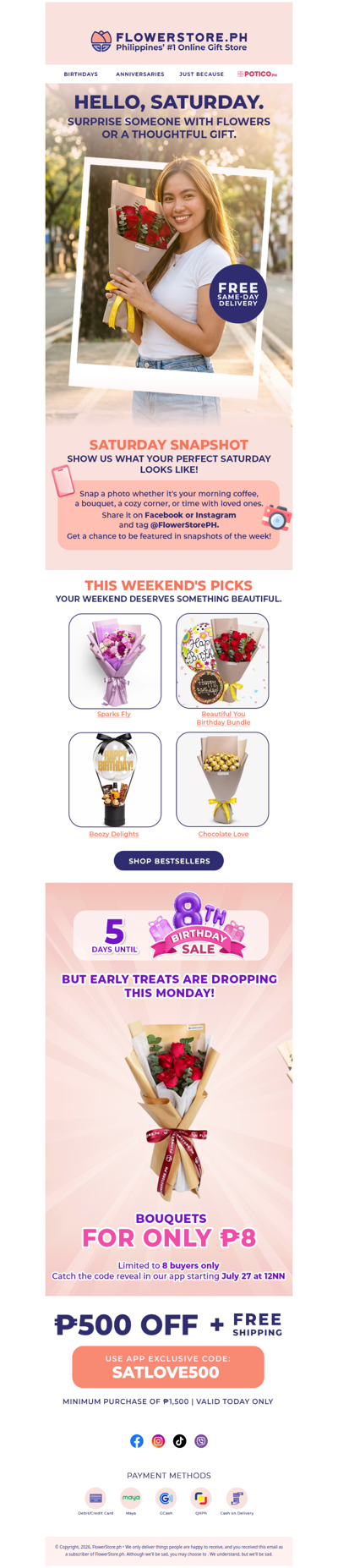 5 days to our 8th Birthday Sale — ₱8 bouquets dropping Monday 🎂