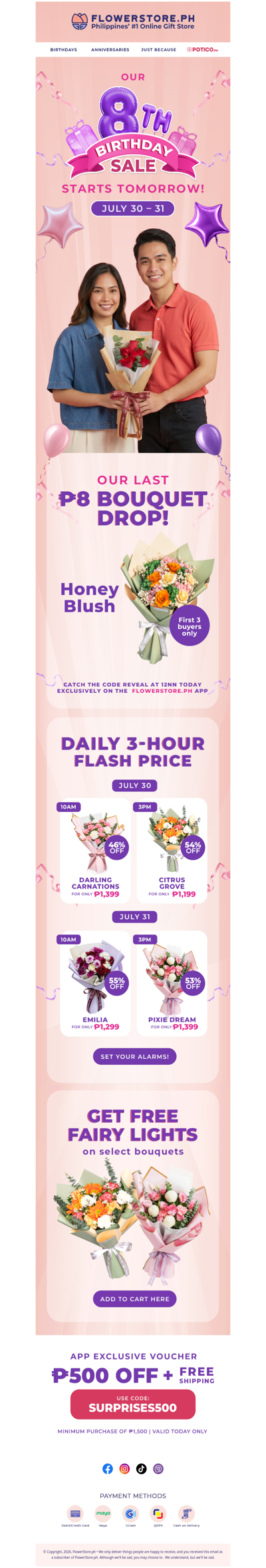Our last ₱8 bouquets drop today — Birthday Sale is tomorrow 💜