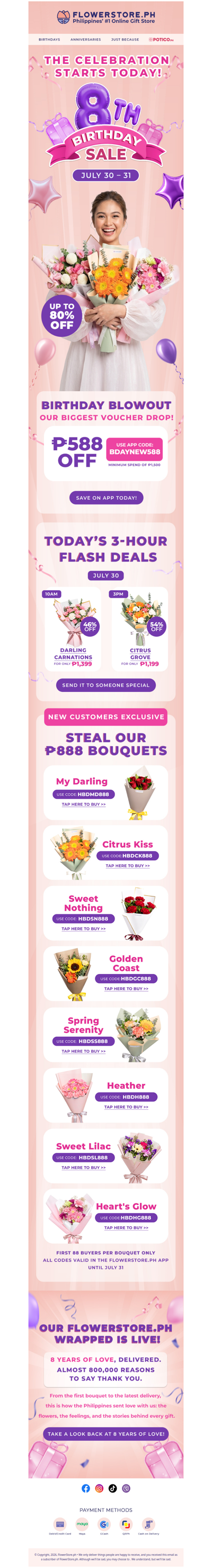 Birthday Blowout starts today — ₱888 bouquets + up to 80% off 🥂