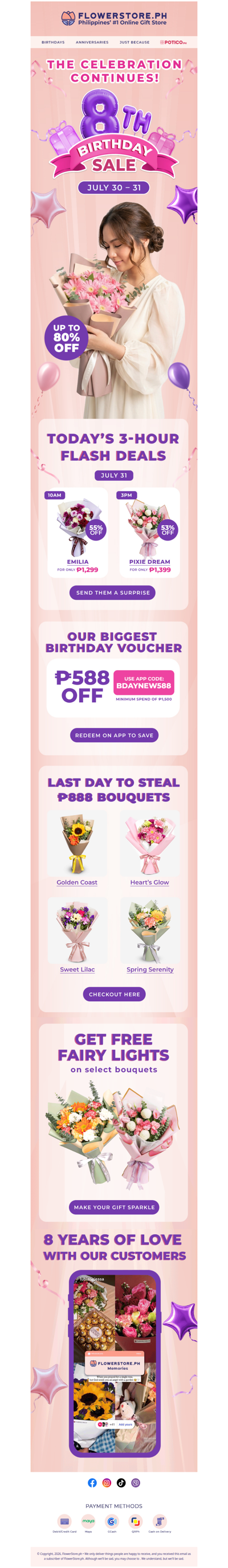 Last day of our 8th Birthday Sale — ₱888 bouquets + ₱588 off today only 🧨