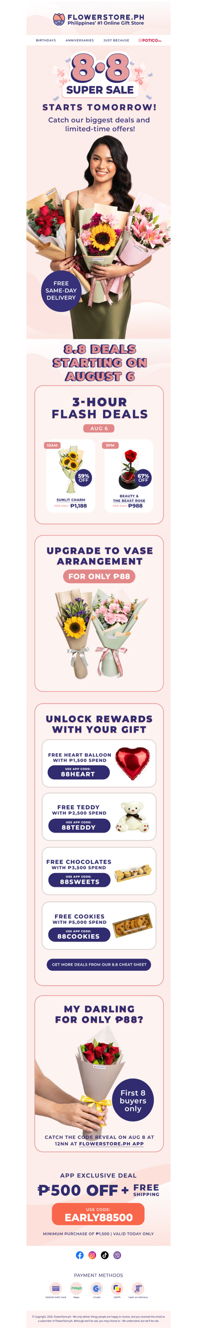 8.8 Super Sale starts tomorrow — free gifts + 6 red roses dropping at ₱88 🌹