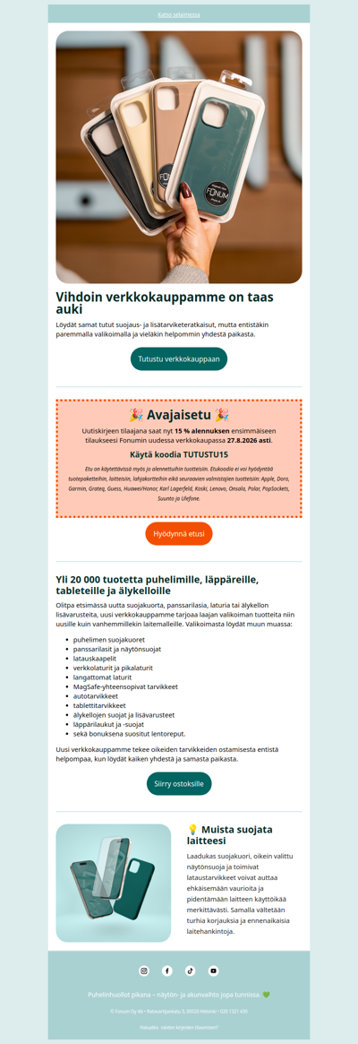 Uusi verkkokauppa on auki – hyödynnä -15 % avajaisetu 🔥