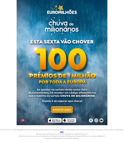 Euromilhões - Chuva de Milionários. Esta sexta, 100 prémios de 1 Milhão em toda a Europa. Aposte já.