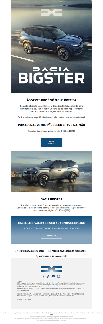 Dacia Bigster por 25 900€ *. Preço chave-na-mão.